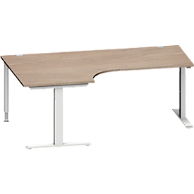 Schäfer Shop Genius Winkelschreibtisch MODENA FLEX, 90° Winkel links, T-Fuß Rechteckrohr, B 2000 x T 1200/800 x H 650-850 mm, Eiche/weißalu