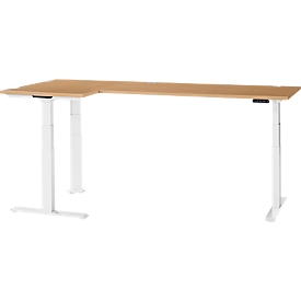 Schäfer Shop Genius Winkelschreibtisch Modena Flex, elektrisch höhenverstellbar, 90° Winkel beidseitig, B 2000 x T 1600 mm, Buche/weiß