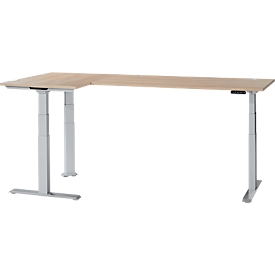 Schäfer Shop Genius Winkelschreibtisch Modena Flex, elektrisch höhenverstellbar, 90° Winkel beidseitig, B 2000 x T 1600 mm, Eiche/weissaluminium
