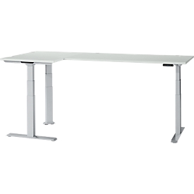 Schäfer Shop Genius Winkelschreibtisch Modena Flex, elektrisch höhenverstellbar, 90° Winkel beidseitig, B 2000 x T 1600 mm, lichtgrau/weißaluminium