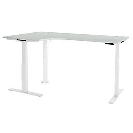 Schäfer Shop Genius Winkelschreibtisch Modena Flex, elektrisch höhenverstellbar, 90° Winkel, T-Fuß, B 2000 mm, lichtgrau/weiß