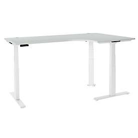 Schäfer Shop Genius Winkelschreibtisch Modena Flex, elektrisch höhenverstellbar, 90° Winkel, T-Fuss, B 2000 mm, lichtgrau/weiss
