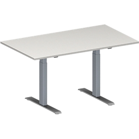 Schäfer Shop Mesa de conferencias Genius MODENA FLEX, rectangular, tubo rectangular con patas en T, ancho 1400 x fondo 800 x alto 650-850 mm, aluminio gris claro/blanco RAL 9006