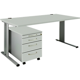 Schäfer Shop Pure 2-piece office furniture set PLANOVA BASIC, desk, W 1600 mm, light gray/white aluminum, with cable duct + mobile pedestal 1233