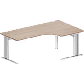 Schäfer Shop Pure angled desk PLANOVA BASIC, 90° angle right, C-foot, W 2000 x D 1200/800 x H 717 mm, oak/white + cable duct