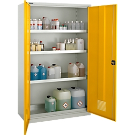 Schäfer Shop Pure armoire à portes battantes pour produits dangereux, en métal, avec serrure à cylindre, L 1200 x P 500 x H 1950 mm, 4 bacs de récupération de 23 litres, façade de couleur gris/or