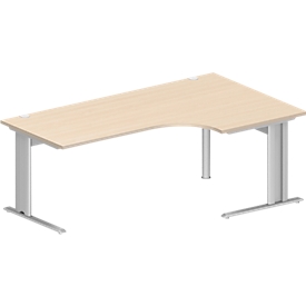 Schäfer Shop Pure Bureau d'angle PLANOVA BASIC, angle 90° à droite, pied en C, L 2000 x P 1200/800 x H 717 mm, érable/alu blanc + passage de câbles