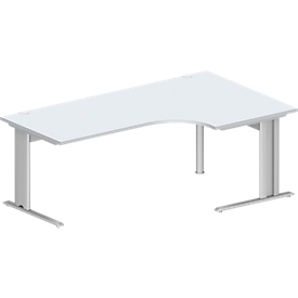 Schäfer Shop Pure Bureau d'angle PLANOVA BASIC, angle 90° à droite, pied en C, L 2000 x P 1200/800 x H 717 mm, gris clair/blanc alu + passage de câbles