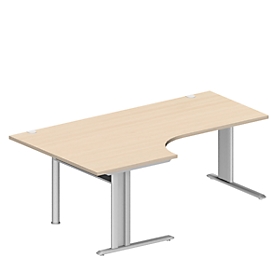 Schäfer Shop Pure Bureau d'angle PLANOVA BASIC, angle 90° gauche, pied en C, L 2000 x P 1200/800 x H 717 mm, érable/alu blanc + passage de câbles