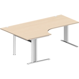 Schäfer Shop Pure Bureau d'angle PLANOVA BASIC, angle 90° gauche, pied en C, L 2000 x P 1200/800 x H 717 mm, érable/blanc + passage de câbles