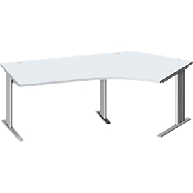 Schäfer Shop Pure Bureau d'angle PLANOVA BASIC, angle de 135° à droite, pied en C, L 2165 x P 800/800 x H 717 mm, gris clair/alu blanc + passage de câbles
