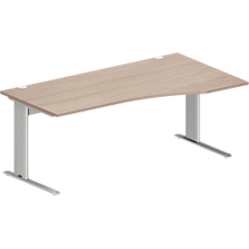 Schäfer Shop Pure Bureau PLANOVA BASIC, forme libre, approche à droite, pied en C, L 1800 x P 1000/800 x H 717 mm, chêne/alu blanc + passage de câbles