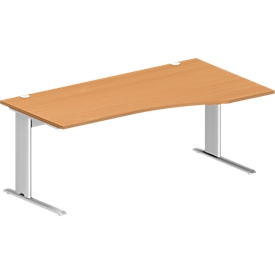 Schäfer Shop Pure Bureau PLANOVA BASIC, forme libre, approche à droite, pied en C, L 1800 x P 1000/800 x H 717 mm, hêtre/blanc + passage de câbles