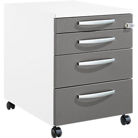 Schäfer Shop Pure Caisson à roulettes 1233, tiroir à ustensiles + 3 tiroirs, verrouillable, poignées métalliques rondes, L 434 x P 600 x H 570 mm, blanc/anthracite