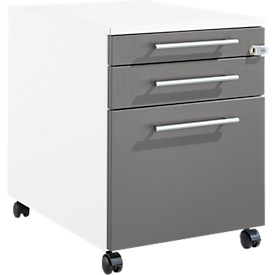 Schäfer Shop Pure Caisson à roulettes 126, tiroir à ustensiles + 2 tiroirs, verrouillable, poignées métalliques carrées, L 434 x P 600 x H 570 mm, blanc/anthracite