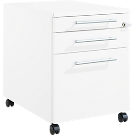 Schäfer Shop Pure Caisson à roulettes 126, tiroir à ustensiles + 2 tiroirs, verrouillable, poignées métalliques carrées, L 434 x P 600 x H 570 mm, blanc/blanc