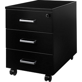 Schäfer Shop Pure, caisson mobile 333, 3 tiroirs, verrouillable, poignées métalliques, tôle d'acier fine, revêtement par poudre, L 420 x P 600 x H 570 mm, noir