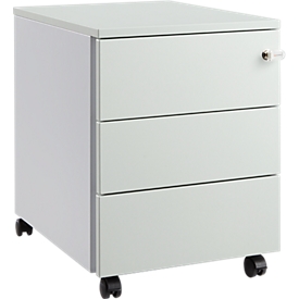 Schäfer Shop Pure Caisson roulant 333, corps en acier, façade en bois, roulettes, verrouillable, L 435 x P 565 x H 567 mm, 3 tiroirs, gris clair/aluminium blanc