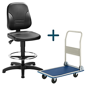 Schäfer Shop Pure Chaise de travail pivotante, hauteur d'assise 580-850 mm, repose-pieds, similicuir noir, chariot plate-forme AM80 GRATUIT