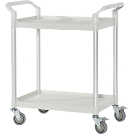 Schäfer Shop Pure Chariot à plateaux, 2 plateaux, jusqu'à 200 kg, 2 poignées de poussée, roues pivotantes, aluminium &amp; plastique, L 850 x l 480 x H 950 mm, plateaux gris clair