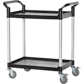 Schäfer Shop Pure Chariot à plateaux, 2 plateaux, jusqu'à 200 kg, 2 poignées de poussée, roues pivotantes, aluminium & plastique, L 850 x l 480 x H 950 mm, plateaux noirs