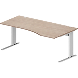 Schäfer Shop Pure desk PLANOVA BASIC, free-form, attachment left, C-foot, W 1800 x D 1000/800 x H 717 mm, oak/white + cable duct