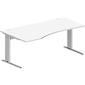 Schäfer Shop Pure Desk PLANOVA BASIC, vrijstaand, aanbouw links, C-poot, B 1800 x D 1000/800 x H 717 mm, wit/wit aluminium + kabelgoot