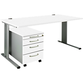 Schäfer Shop Pure Ensemble de meubles de bureau PLANOVA BASIC en 2 parties, bureau, L 1600 mm, blanc/blanc alu, avec passage de câbles + caisson à roulettes 1233