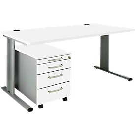 Schäfer Shop Pure Juego de muebles de oficina de 2 piezas PLANOVA BASIC, escritorio, ancho 1600 mm, aluminio blanco/blanco, con canal para cables + cajonera móvil 1233