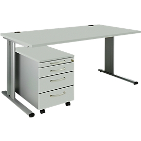 Schäfer Shop Pure Juego de muebles de oficina de 2 piezas PLANOVA BASIC, escritorio, ancho 1600 mm, aluminio gris claro/blanco, con canal para cables + cajonera móvil 1233