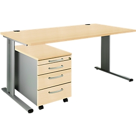 Schäfer Shop Pure Juego de muebles de oficina de 2 piezas PLANOVA BASIC, escritorio, ancho 1600 mm, arce/aluminio blanco, con canal para cables + cajonera móvil 1233