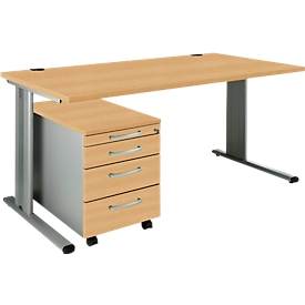 Schäfer Shop Pure Juego de muebles de oficina de 2 piezas PLANOVA BASIC, escritorio, ancho 1600 mm, haya/aluminio blanco, con canal para cables + cajonera móvil 1233