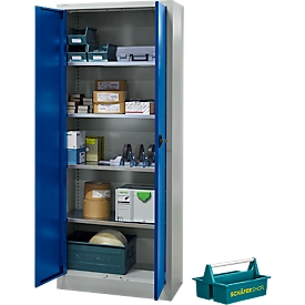 Schäfer Shop Pure Materialschrank, abschließbar, 4 Böden, B 800 x T 400 x H 1935 mm, Stahl, lichtgrau/enzianblau + gratis Tragekasten Carry 