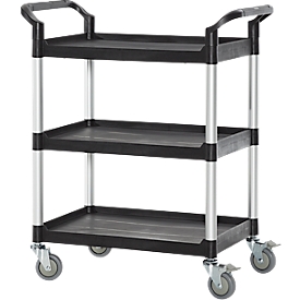 Schäfer Shop Pure multi-purpose trolley, 4 TPR swivel castors with 2 brakes, 3 shelves, L 680 x W 450 mm, plastic/aluminum, black/aluminum silver