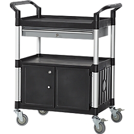 Schäfer Shop Pure multi-purpose trolley, black, aluminum/plastic, with drawer and cabinet, 4 solid rubber swivel castors, L 850 x W 480 x H 1000 mm