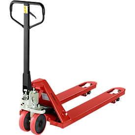 Schäfer Shop Pure pallet truck, manual lift drive, load capacity up to 2500 kg, swivel &amp; fork rollers, L 1550 x W 540 x H 1200 mm, red