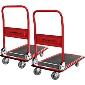Schäfer Shop Pure platform trolley, foldable push handle, anti-slip coating, swivel &amp; fixed castors, up to 150 kg, L 725 x W 475 x H 835 mm, 2 pcs.