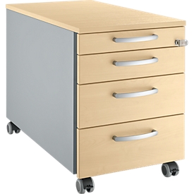 Schäfer Shop Pure Rollcontainer 1233, 3 Schübe & 1 Utensilienauszug, abschließbar, Rundgriffe, B 435 x T 765 x H 577 mm, weißalu/weißalu/Ahorn