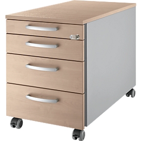 Schäfer Shop Pure Rollcontainer 1233, 3 Schübe & 1 Utensilienauszug, abschließbar, Rundgriffe, B 435 x T 765 x H 577 mm, weißalu/weißalu/Eiche-Dekor