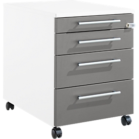 Schäfer Shop Pure Rollcontainer 1233, Utensilienauszug + 3 Schubladen, abschließbar, eckige Metallgriffe, B 434 x T 600 x H 570 mm, weiß/anthrazit