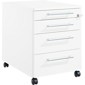 Schäfer Shop Pure Rollcontainer 1233, Utensilienauszug + 3 Schubladen, abschließbar, eckige Metallgriffe, B 434 x T 600 x H 570 mm, weiß/weiß
