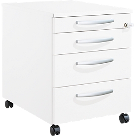 Schäfer Shop Pure Rollcontainer 1233, Utensilienauszug + 3 Schubladen, abschließbar, runde Metallgriffe, B 434 x T 600 x H 570 mm, weiß/weiß