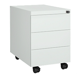 Schäfer Shop Pure Rollcontainer, 3 Schübe, seitliche Griffnut, B 390 x T 590 x H 550 mm, Stahl lichtgrau, abschliessbar