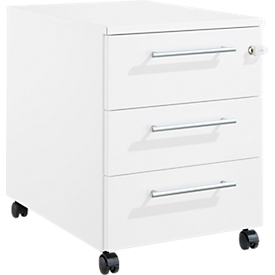 Schäfer Shop Pure Rollcontainer 333, 3 Schubladen, eckige Metallgriffe, abschliessbar, B 434 x T 600 x H 570 mm, weiss/weiss