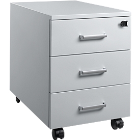 Schäfer Shop Pure Rollcontainer 333, 3 Schübe, abschliessbar, Metallgriffe, Feinblech pulverbeschichtet, B 420 x T 600 x H 570 mm, lichtgrau