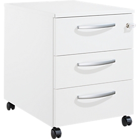 Schäfer Shop Pure Rollcontainer 333, Stahlkorpus, 3 Schubladen, runde Metallgriffe, abschliessbar, B 434 x T 600 x H 570 mm, weiss