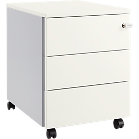 Schäfer Shop Pure Rollcontainer 333, Stahlkorpus, Holzfront, Rollen, abschließbar, B 435 x T 565 x H 567 mm, 3 Schübe, weißaluminium/weißaluminium