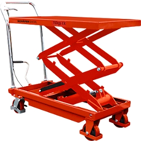 Schäfer Shop Pure Scheren-Hubwagen, doppeltes Scherenhubgelenk, Hubbereich 270-1200 mm, Tragkraft 150 kg, L 970 x B 450 x H 990 mm, Stahl, rot