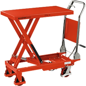 Schäfer Shop Pure Scheren-Hubwagen, einfaches Scherenhubgelenk, Hubbereich 220-720 mm, Tragkraft 150 kg, L 970 x B 450 x H 990 mm, Stahl, rot