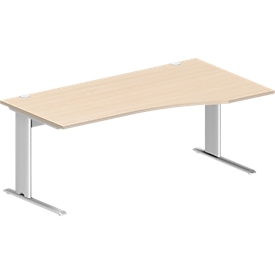 Schäfer Shop Pure Schreibtisch PLANOVA BASIC, Freiform, Ansatz rechts, C-Fuss, B 1800 x T 1000/800 x H 717 mm, Ahorn/weiss + Kabelkanal